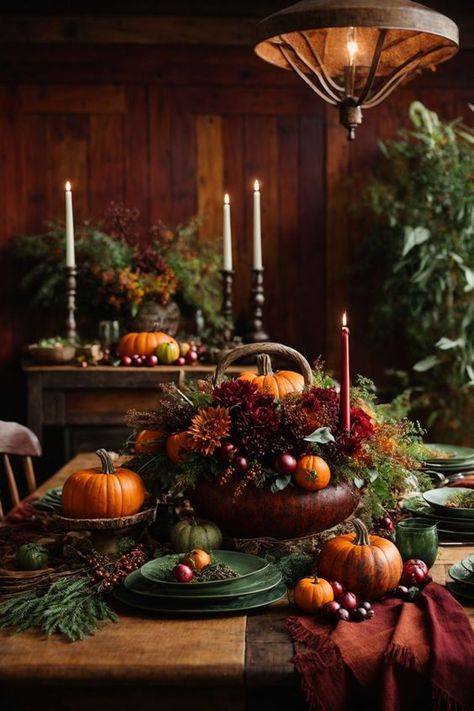 Floral Fall Decor, Fall Taper Candle Decor, Elegant Rustic Christmas Decor, How To Make A Fall Centerpiece For Table, Thanksgiving Table Floral, Thanksgiving Decorations For Home Table, Vintage Christmas Dining Room, November Table Decorations, Thankful Ideas For Thanksgiving