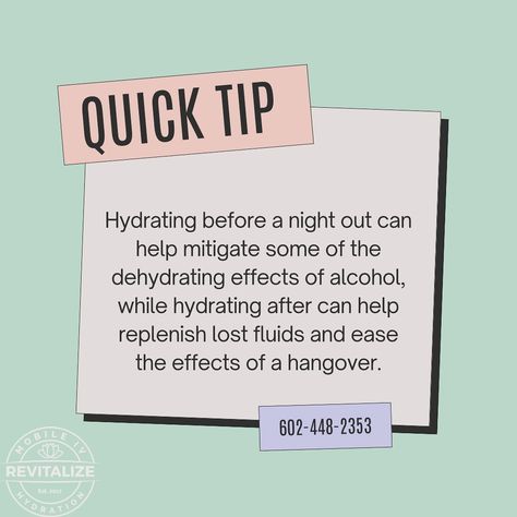 IV hydration therapy for hangovers can provide several benefits. It helps rehydrate the body more rapidly than drinking water alone, replenishes essential vitamins and minerals depleted by alcohol consumption, and can alleviate symptoms such as headache, nausea, and fatigue. Additionally, IV therapy bypasses the digestive system, allowing for faster absorption of fluids and nutrients. Offering: 💧 Vitamin Drips 🚗 Mobile IV therapy 💰Bachelor/Bachelorette group discounts 💉 Vitamin Injections (... Hydration Quote, Iv Business, Iv Hydration Therapy, Vitamin Injections, Hydration Therapy, Hydration Tips, Iv Hydration, Alcohol Consumption, The Digestive System