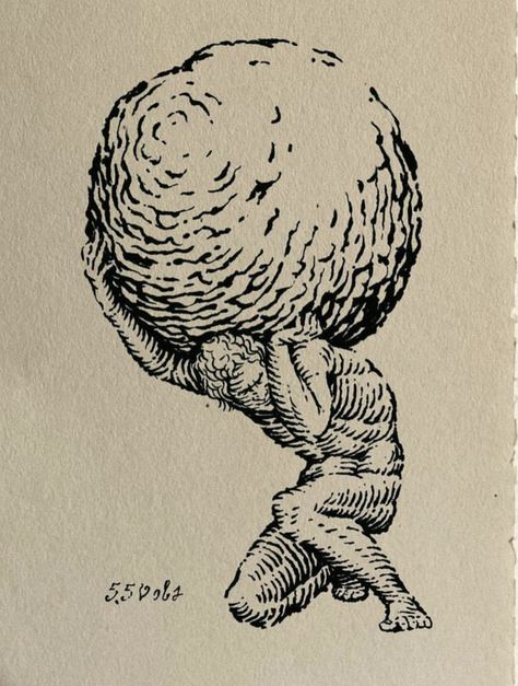 Etching Drawing Illustration, Nihilism Tattoo Ideas, Optimistic Nihilism Tattoo, Sysiphus Drawing, Sisphyus Tattoo, Sisyphus Drawing, Myth Of Sisyphus Tattoo, Crosshatch Tattoo, Sisyphus Art