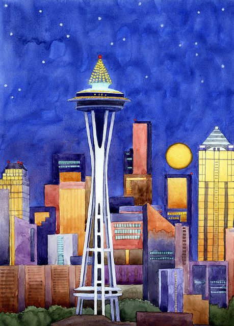 Space Needle Drawing, Needle Drawing, Simpson Art, Bart Simpson Art, Seattle Space Needle, Space Needle Seattle, Pacific Northwest Art, Simpsons Art, Seattle Art