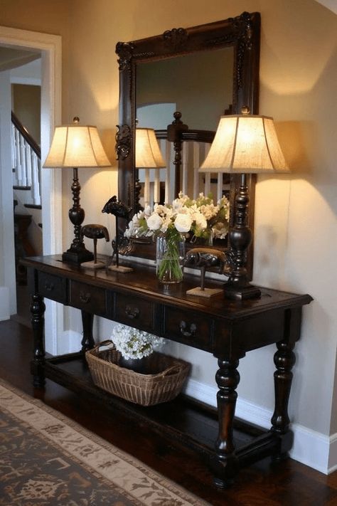 Elevate Your Entryway: 12 Hallway Décor Ideas - InspiredLiving Foyer Ledge Decorating Ideas, Diy Console Table Entryway, Foyer Table Decor, Hallway Decor Ideas, Entryway Table Decor Ideas, Buffet Table Decor, Console Table Entryway, Entry Table Decor, Diy Console Table