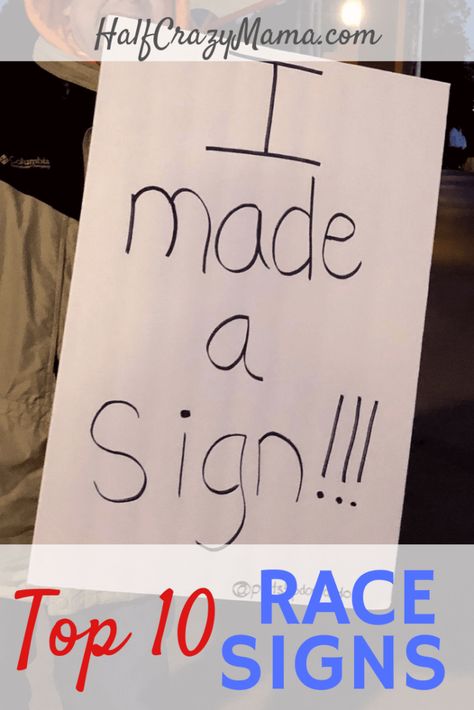 10 of the Best Race Spectator Signs • Half Crazy Mama Race Sign Ideas, Ironman Race Poster Ideas, Half Marathon Signs Funny, Race Signs Running, Marathon Posters Ideas Funny, Running Posters For Races, Marathon Posters Ideas, Running Signs, Marathon Signs