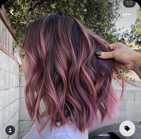 Pastel Pink Balayage Short Hair, Pink Balayage Medium Hair, Red And Pink Highlights On Dark Hair, Black Hair With Pink Balayage, Brunette And Pink Balayage, Pastel Pink Balayage Black Hair, Shoulder Length Brown And Pink Hair, Lavender Balayage Hair, Dark Brown Hair Pink Balayage