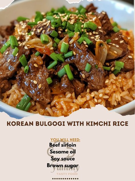 Kimchi Rice, Korean Bulgogi, Cozy Fall Recipes, Spicy Rice, Marinated Beef, Beef Sirloin, Cooked Rice, Spicy Beef, Rice Ingredients