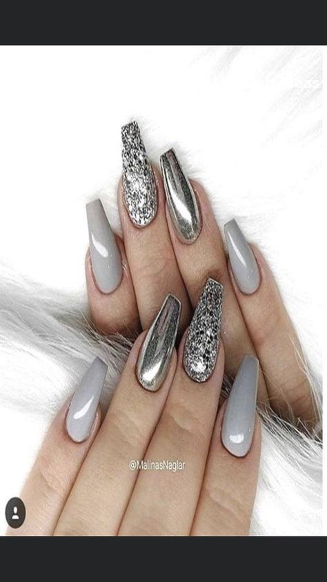 Trendy Nail Art Summer, Ballerina Nails Designs, Ballerina Nail, Grey Nail Art, Grey Acrylic Nails, Silver Nail Designs, Glitter Nails Acrylic, Pretty Nail Art Designs, Gray Nails