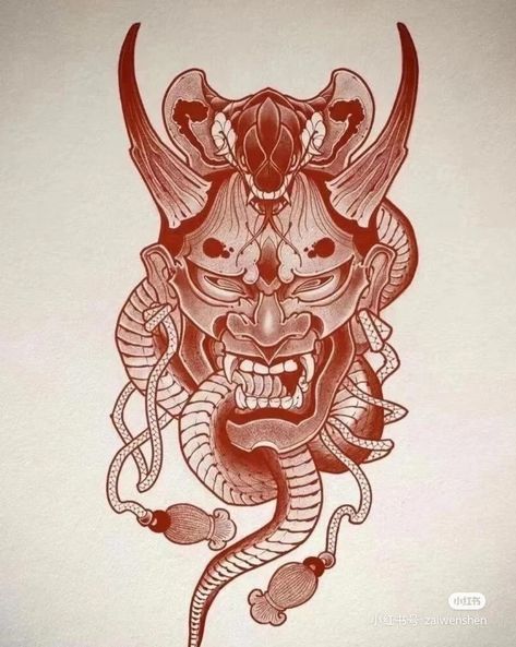 Oni And Snake Tattoo, Oni Mask With Snake Tattoo, Oni Mask Snake Tattoo, Oni Mask And Snake Tattoo, Hannya Mask And Snake Tattoo, Oni Snake Tattoo, Hannya Mask Tattoo Design Black And Grey, Hannya And Snake Tattoo, Hannya Snake Tattoo