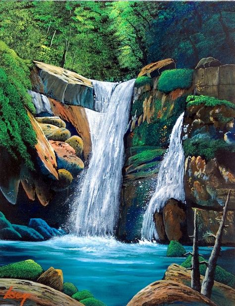 Water Falls Painting, Falls Painting, Simple Oil Painting, Cool Galaxy Wallpapers, Bengali Art, Landscape Painting Tutorial, River Painting, Water Pictures, Oil Pastel Paintings