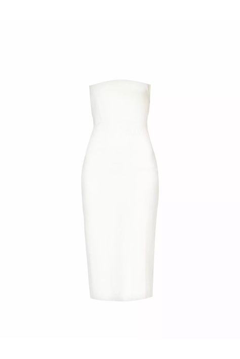 Fine knit textured midi dress. Strapless bandeau shape. Ribbed panels.  Slim fit.  Slips on.  Stretch fabric. 80% Viscose, 20% Polyamide.  Dry clean only. Midi Dress Strapless, Sydney White, Knit Bandeau, Dressy Hats, Ribbed Paneling, White Strapless Dress, Strapless Bandeau, Strapless Midi Dress, Ribbed Midi Dress