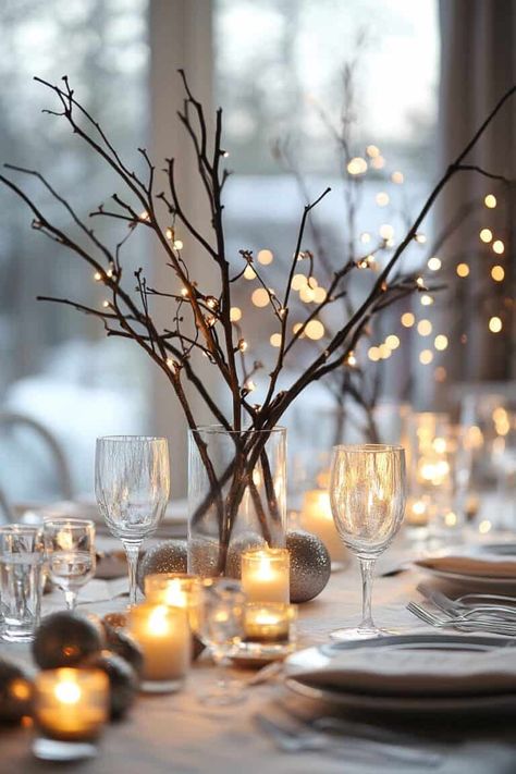 simplistic winter table setting Winter Bridal Shower Table Decor, Winter Table Scapes Ideas, Winter Table Settings Dinner Parties, Winter Table Settings Ideas, Simple Winter Table Decor, Minimalist Christmas Table Setting, Winter Table Scape, January Tablescapes, Simple Christmas Table Centerpieces