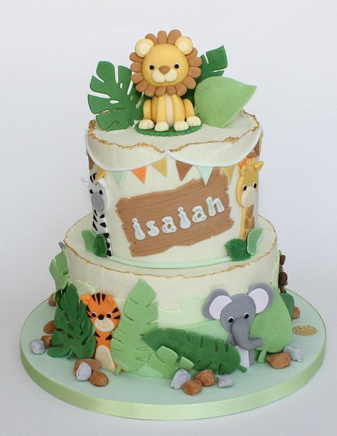 jungle christening cake | Buttercream cake with handmade fon… | Flickr Buttercream Jungle Cake, Safari Cake Buttercream, Georgia Cake, Cakes Without Fondant, Jungle Safari Cake, Jungle Theme Cakes, Lion Party, Animal Print Cake, Safari Cake