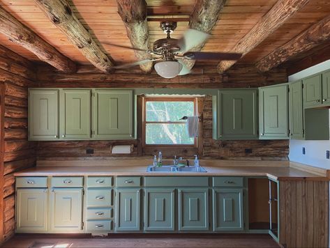 Green Kitchen Cabinets Cabin, Green Cabin Kitchen, Earthy Green Kitchen, Cottage Cupboards, Lakehouse Kitchen Ideas, Cabin Kitchen Cabinets, Kitchen Island Cabinet, Michigan Cabin, Green Country Kitchen