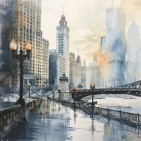 I ❤️ Chicago! You might notice the building on the right side of the painting… I intentionally left it blurry and unfinished with an orange stain instead of those horrendous gawdy 5 letters that scar the lovely Chicago riverfront. Maybe one day those letters will be removed and I’ll finish this painting. 🤷‍♂️ River Abstract, Mixed Media Watercolor, Watercolor Mixed Media, Antique Architecture, Watercolor Mixing, Chicago River, Mixed Media Artwork, Watercolor On Paper, Art And Architecture