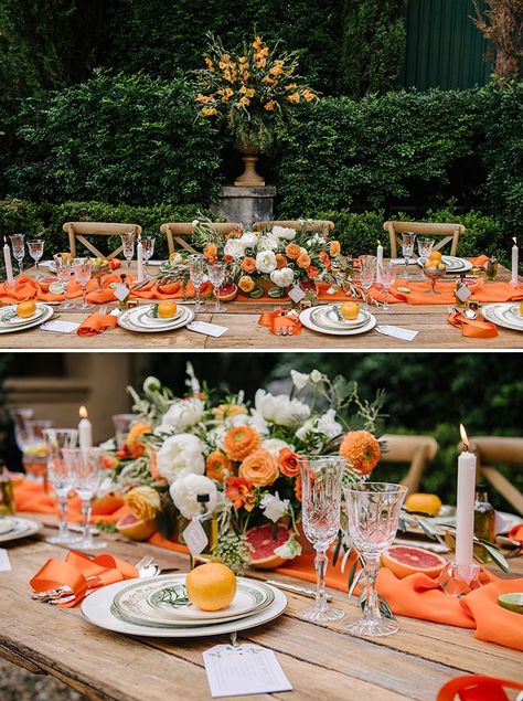 Yellow And Orange Tablescape, Tuscan Themed Bridal Shower Ideas, Brunch Moodboard, Orange Theme Wedding, Citrus Wedding Decor, Tuscan Style Garden, Italian Bridal Showers, Orange Wedding Decorations, Tangerine Wedding