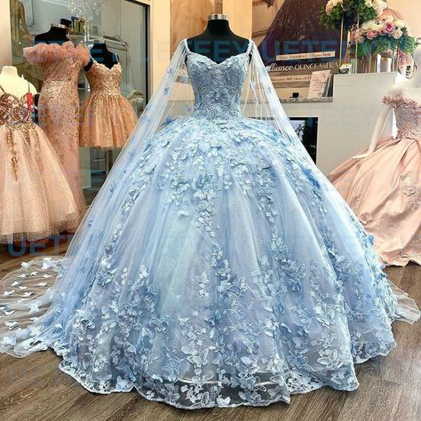 ANGELSBRIDEP Sky Blue Quinceanera Dresses 3D Handmade Butterfly Lace Appliqued With Cape Crystal Baby Blue 15 Dresses Quinceanera, Quinceanera Ideas Blue, Dusty Blue Quinceanera Dresses, Light Blue Quinceanera Theme, Baby Blue Quinceanera Theme, Baby Blue Quinceanera Dresses, Quincenera Dress, Sky Blue Quinceanera Dresses, Blue Quinceanera Theme