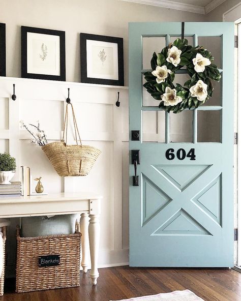 Love this robins egg blue front door with the board and batten in the entryway Vstupná Hala, Blue Front Door, Farmhouse Front Door, Apartment Decoration, Farmhouse Front, Front Door Colors, Front Door Design, Cool Ideas, Farmhouse Style House