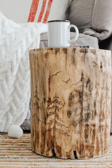 How to Make an Awesome Log Side Table | Hometalk Diy Wallpaper Headboard, Log Side Table, Log Coffee Table, Wicker House, Log Table, Diy Side Table, Wood Pile, Log Siding, Rustic Side Table