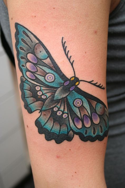 Blue purple moth tattoo Purple Moth Tattoo, Blue Moth Tattoo, Purple Moth, Heron Tattoo, Traditional Butterfly Tattoo, Blue Moth, Sleeve Inspiration, Traditional Butterfly, Butterfly Tattoo On Shoulder