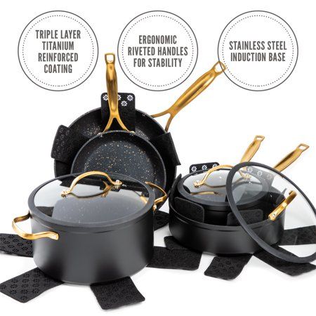 Thyme & Table 12-Piece Nonstick Cookware Pots and Pans Set, Black and Gold Speckled - Walmart.com - Walmart.com Black Pot And Pan Set, Black Cookware Set, Pots And Pans Sets Target, Black And Gold Pots And Pans, Gold And Black Kitchen Decor, Best Pots And Pans Cookware Set, Best Cooking Pots And Pans, Gold Pots And Pans, Black Pots And Pans