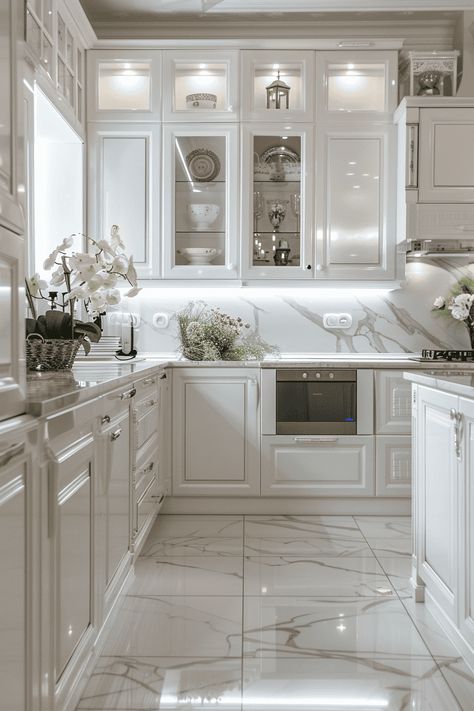 Marble Flooring In Kitchen, Kitchen With White Marble Floors, White Kitchen Marble Floor, Marble And White Kitchen, White Marble Floor Kitchen Ideas, Kitchen Marble Flooring, Marble Kitchen Flooring Ideas, White Marble Waterfall Island, White Marble House Interior