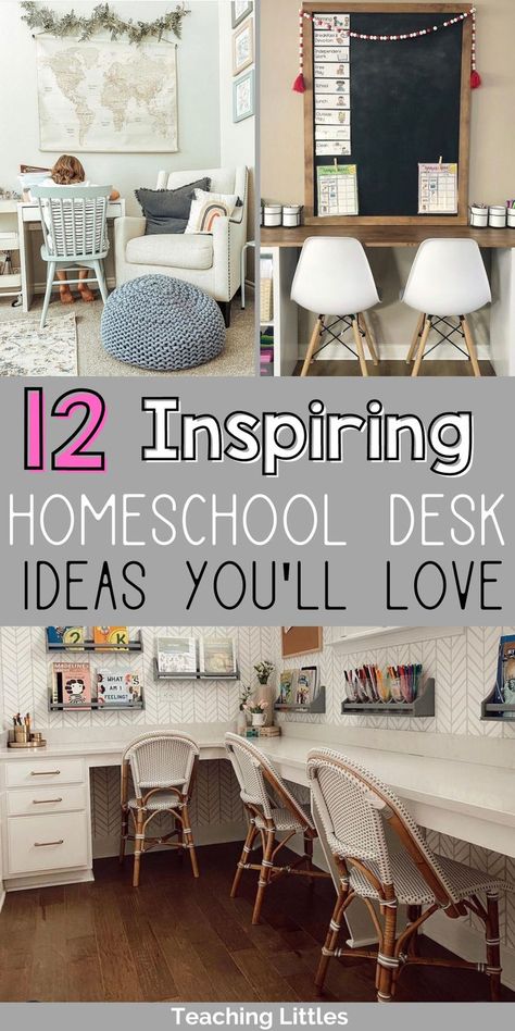 Homeschool Desk Ideas, Kids Office Space, Small Space Homeschool Organization, Small Space Homeschool Room, Homeschool Classroom Setup, Kids Homework Room, School Room Organization, Homeschool Desk, Kids Study Spaces