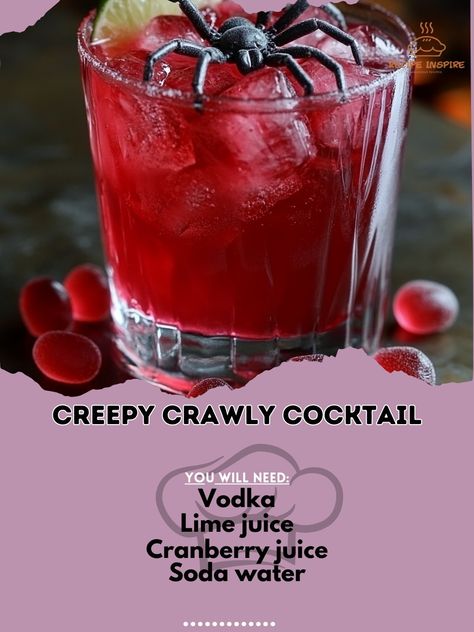 Spook up your Halloween party with this creepy, crawly cocktail that’s fun and delicious! 🕷️🍸 #CreepyCrawly Creepy Crawly Cocktail Ingredients: Vodka (2 oz) Lime juice (1 oz) Cranberry juice (2 oz) Soda water (2 oz) Gummy spiders (for garnish) Ice cubes Instructions: In a shaker, combine vodka, lime juice, and cranberry juice. Shake well and pour into a glass filled with ice. Top with soda water and garnish with gummy spiders. 🕷️🍸This Creepy Crawly Cocktail is sure to give your guests chi... Halloween Soda Bar, Halloween Beverages, Emo Party, Soda Bar, Vodka Lime, Bartender Drinks, Pretty Alcoholic Drinks, Halloween Drink, Booze Cruise