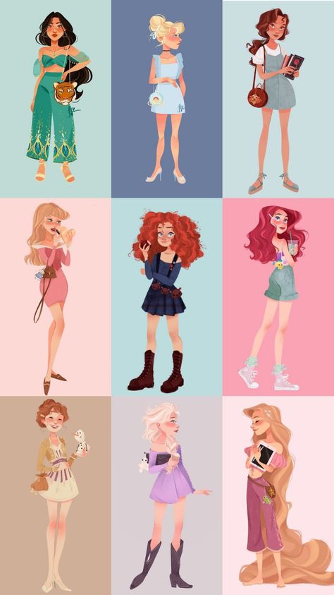 Disney Princesses Modern Outfits, Disney Princess Fan Art Modern, Modern Disney Princess Drawings, Modern Disney Princess Aesthetic, Disney Princess Modern Outfits, Disney Princesses Fanart, Modern Princess Aesthetic Outfit, Disney Princess Fanart, Modern Disney Princesses