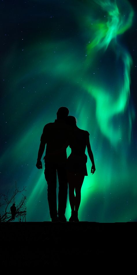 Aurora, couple, silhouette, love, 1080x2160 wallpaper Couple Northern Lights, Aura Couple, What Can I Draw, Wonderland Background, Winter Wonderland Background, Northern Lights Art, Northern Lights Painting, Image Couple, Mother Images