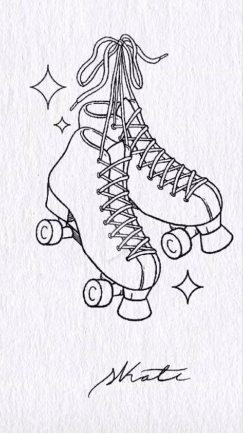 Roller Skates Drawing Easy, Rollerskate Drawing Reference, Rollerskating Drawing Reference, Roller Skates Tattoo Ideas, Roller Skates Drawing Reference, Roller Skates Sketch, How To Draw A Roller Skate, Roller Skate Drawing Easy, Rollerblades Tattoo