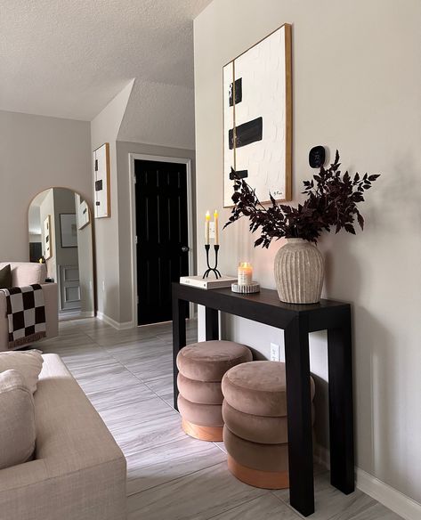 Looking for the finishing touch to bring your space together? Our console tables add beautiful details to complete your vision.⁠ .⁠ Our solid wood console tables have stunning, minimalist designs. They are the perfect staple for any room, hallway, or entryway, giving you a base to show off your style through decor. Click the link in our bio to check out all of our console table designs!⁠ .⁠ #plankandbeam #console #livingroomdecor #hallwaydecor #homedetails #quietluxury #minimalistaesthetic Minimalist Hallway Decor, Minimalist Entryway Decor, Black Entryway Table Decor, Black Console Table Decor, Minimalist House Decor, Console Table Ideas, Black Entryway Table, Narrow Corridor, Modern Entry Table