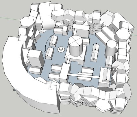 “@AxeyWorks: Another speedy &amp; rough level design block for getting the feel of the map using my fav tool @SketchUp” Level Concept Art, 3d Level Design, Top Down Level Design, Level Blockout, Level Design Game, Level Design Concept, Game Map Design, Game Level Design, Map Layout