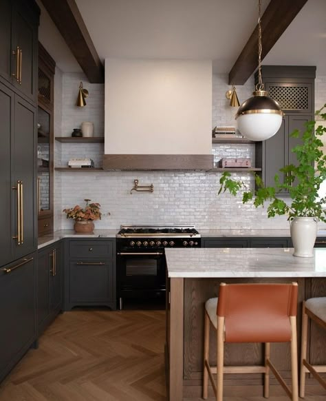 Dark Cabinet Light Countertop, Painted Brown Cabinets, Dark Grey Cabinets Kitchen, Urbane Bronze Kitchen Cabinets, Plants On Top Of Kitchen Cabinets, Funky Academia, Deep Green Kitchen, Modern Japandi Kitchen, Rental Kitchen Ideas