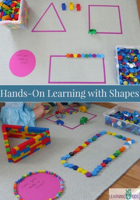 Hands on learning with basic shapes.  Lots of fun and motivating ideas for kids! Learning Shapes Activities, Teaching Shapes, Shapes Preschool, Learning Shapes, 2d Shapes, Shapes Activities, Hands On Learning, Preschool Math, Basic Shapes