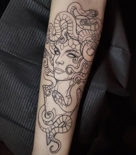 Medusa (WIP) by Angela Emr at Studio 13 Cocoa Mandala Arm Tattoos, Black And White Tattoo, Inner Arm Tattoos, Simple Arm Tattoos, 16 Tattoo, Medusa Tattoo Design, Polynesian Tattoos, Geometric Tattoos, Inspiration Tattoos