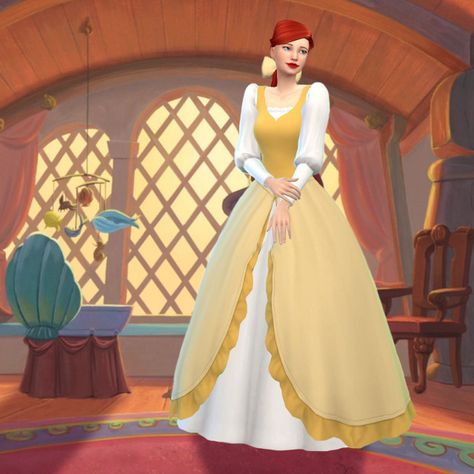 Stardust Sims 4 Ponytail Bow, Sims 4 Cc Clothes, Yellow Dress Outfit, Royal Clothes, Sims Packs, Sims 4 Anime, The Little Mermaid Ariel, Ariel Dress, Medieval Clothes