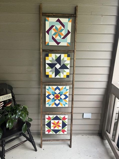 Barn Quilt Addicts | Two ladders with 12” blocks are finished | Facebook Barn Quilt Ladder, Fall Barn Quilts Patterns, Fall Barn Quilt Patterns, Quilt Decor, Quilt Ladder, Garden Mural, Painted Barn Quilts, Barn Quilt Designs, Quilts Decor