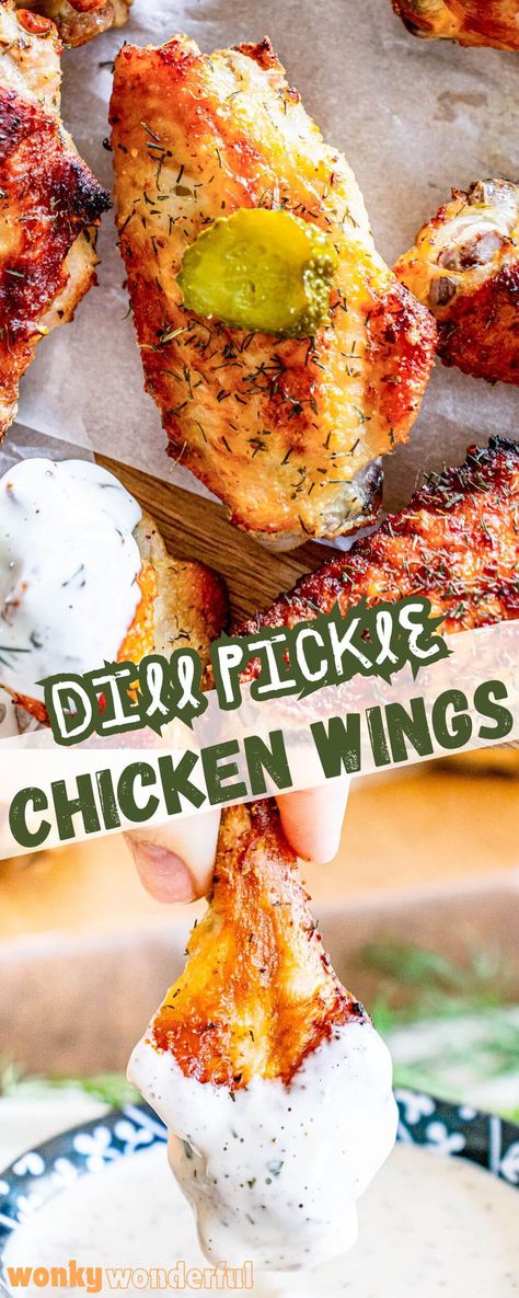 DILL PICKLE CHICKEN WINGS are a super flavorful way to make appetizer wings. Chicken wings soaked in dill pickle juice, tossed in a dry season then roasted to crisp juicy perfection. Chicken Wings In Pickle Juice, Dill Pickle Dry Rub Chicken Wings, Dill Pickle Wing Sauce, Dill Pickle Wings Recipe, Pickle Flavored Food, Dill Pickle Wings, Pickle Wings, Pickle Juice Chicken, Dill Pickle Chicken Wings