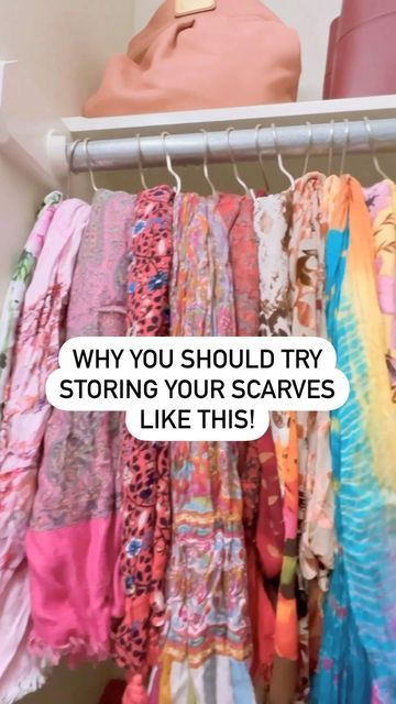 Organizing + Home Styling on Instagram: "Are you a scarf person?!! ❤️🧡💛💚💙💜💗 ⠀ Our recent client has a BEAUTIFUL scarf collection + we came up with a new way to display them in her closet! On s-hooks!! 🧣 ⠀ We loved this method of storage for her for two reasons: ⠀ 1) She gets to see her beautiful scarves everyday- they act as a type of artwork!! 😍 ⠀ 2) You are WAY more likely to wear the accessories you can see which is why we also showcased her jewelry below the scarves! ⠀ You only need Organizing Scarves, Display Scarves, Organizing Home, Scarf Storage, Scarf Organization, Scarf Collection, Beautiful Scarf, Her Closet, Home Styling