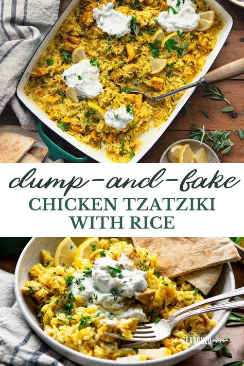 The easiest chicken tzatziki bakes in a casserole with rice, and is finished with a creamy, garlicky yogurt sauce, fresh lemon, and bright herbs. Pair the dish with crisp veggies and pita bread for a light, healthy, and flavorful meal! Chicken Tzatziki, Casserole With Rice, Chicken And Rice Casserole, Bake Chicken, Yogurt Sauce, Chicken And Rice, Pita Bread, Rice Casserole, Mediterranean Diet Recipes