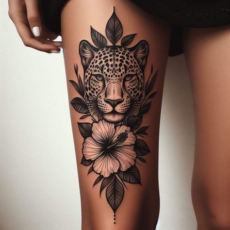 Half Leopard Face Tattoo, Jaguar Tattoo For Women, Leopard Tattoo Design For Women, Safari Tattoo, Botanisches Tattoo, Thigh Piece Tattoos, Jaguar Tattoo, Wrist Tattoo Cover Up, Leopard Tattoos