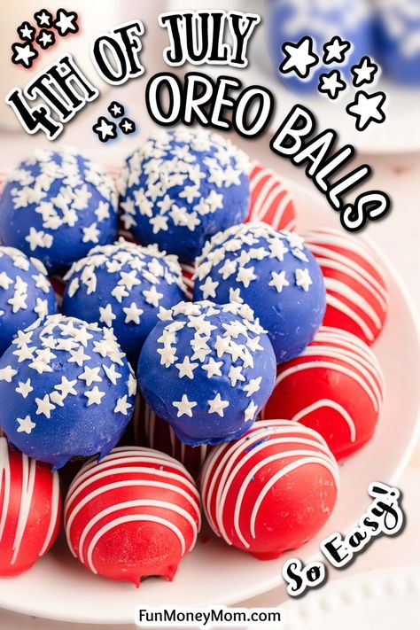 These 4th of July Oreo balls are a pretty and patriotic dessert that looks like a truffle and tastes like an Oreo cheesecake. They’re the perfect no bake dessert for your Fourth of July party or picnic table. Oreo Fourth Of July Desserts, 4th Of July Desserts Oreo Balls, Firework Oreo Cheesecake, 4th Of July Chocolate Covered Oreos, 4th Of July Truffle Dessert, Oreo Cookie Balls, Oreo Truffles Recipe, Oreo Cream, Oreo Balls