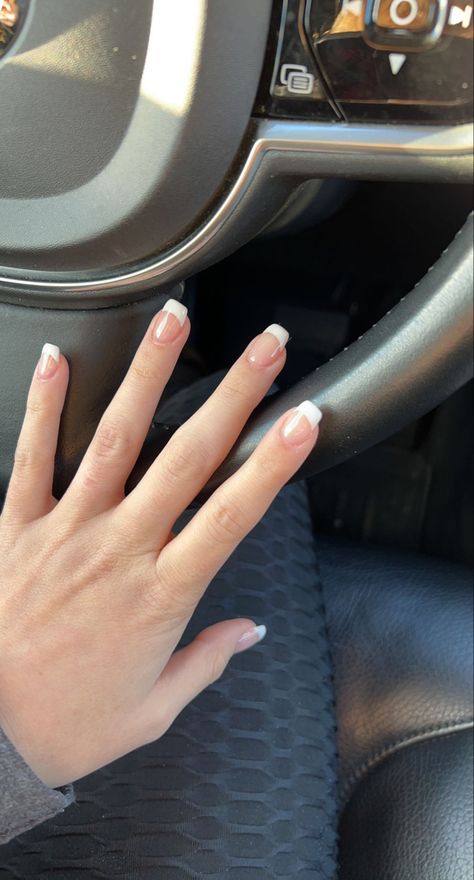 White Natural French Tip Nails, Squoval Tip Nails, Non Acrylic French Tips, Thick French Tip Short Nails, Short French Tip Acrylic Nails Square Round, French Tip Thick White, White French Tip Square Acrylic Nails, Short Nails White Tip, Short Square French Nail Designs