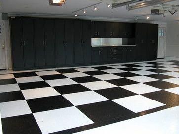 #garageworkshopepoxyfloorcoating Vinyl Garage Flooring, Vct Flooring, Metal Garage Cabinets, Contemporary Garage, Garage Solutions, Garage Attic, Garage Floor Paint, Checkerboard Floor, Metallic Backsplash