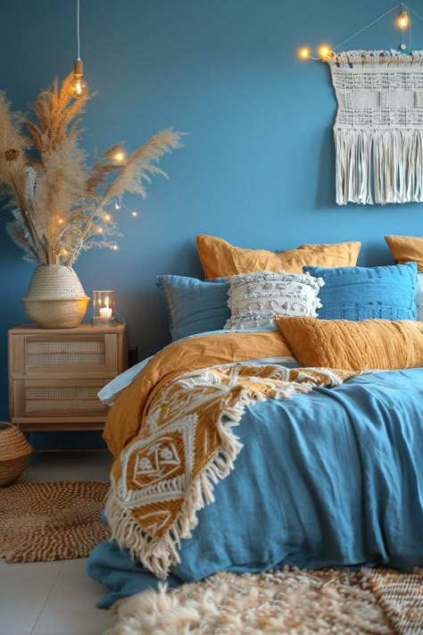 29 Vibrant Blue and Yellow Boho Decor Ideas for a Cheerful Home 28 Green Bedroom Cozy, Blue And Yellow Bedroom, Bed Linen Inspiration, Blue Green Bedrooms, Boho House Decor, Cheerful Home, Boho Decor Ideas, Layered Bedding, Fall Bedroom Ideas