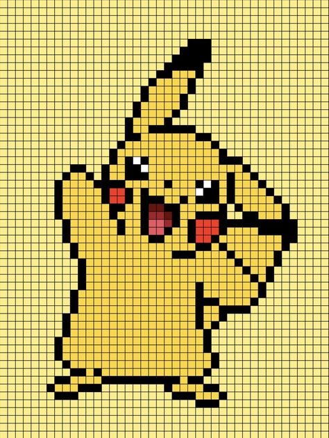 A pixel art template of Pikachu from Pokémon (no shadow). Pokemon Graphghan, Pokemon Grid Pattern, Crochet Pixel Pattern Pokemon, Pokemon Crochet Graphgan, 32x32 Pixel Art Grid Pokemon, Pikachu Crochet, Easy Perler Beads Ideas, Pixel Art Templates, Pixel Art Games