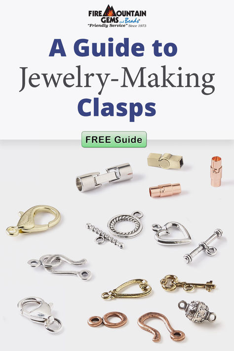 Clasps do much more than keep a piece of jewelry closed--they play a key role in jewelry designs. Find the right style for every DIY project, whether you are looking for a necklace clasp, bracelet clasp or anklet clasp, with this FREE clasp style guide and easy reference chart.  #FMGKnows #JewelryClasps Unique Jewelry Clasps, Jewelry Findings Guide, Diy Jewelry Clasp, Free Jewelry Making Projects, Different Jewelry, Clasps For Jewelry, Beaded Pendants, Easy Reference, Necklace Clasp