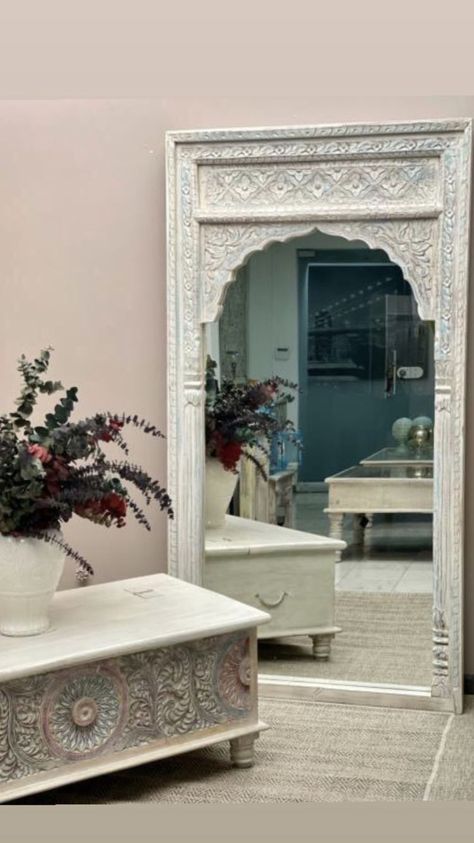 Indian Bedroom Design, Hallway Mirror Wall, White Mirror Frame, Wooden Wall Mirror, Moroccan Mirror, Indian Bedroom, Wooden Mirror Frame, Temple Design For Home, Mirror For Bathroom