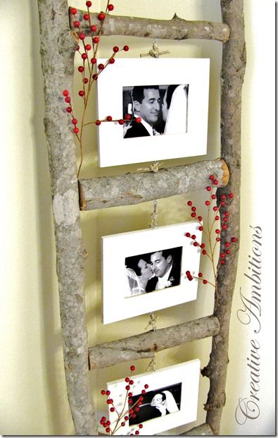 DIY photo ladder - with a twist. Pretty sure I've got plenty branches out in my yard right now. Off I go... Photo Ladder, Cadre Photo Diy, Kerajinan Diy, Old Ladder, Diy Photo Frames, Folding Origami, Diy Photo, Woodworking Projects Diy, Diy Projects To Try