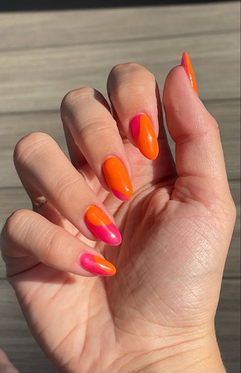 Orange Pink Nails, Orange Nails Summer, Vibrant Summer Nails, Orange Pink And Green, Nails Summer, Summer Inspo, Nails 2024, Orange Nails, Green Nails