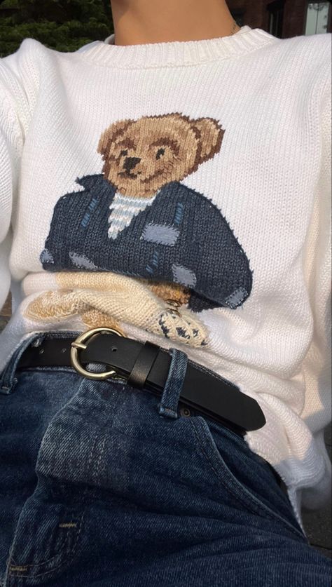 Teddy Bear Sweater Outfit, Bear Sweater Outfit, Ralph Lauren Aesthetic Outfit, Lauren Aesthetic, Ralph Lauren Aesthetic, Hair Luxury, Teddy Bear Sweater, Bear Sweater, Bear Outfits