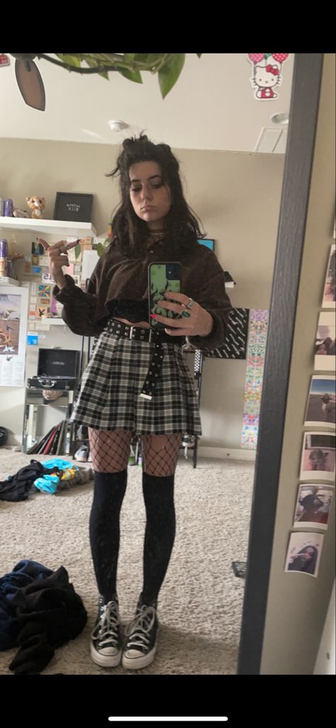 grunge plaid skirt emo dollskill igirl unif shein romwe fairy grunge fairy core tunnelvision Emo Skirt Aesthetic, Green Plaid Skirt Outfit Grunge, Egirl Skirt Outfit, 90s Plaid Skirt Outfits, Alt Skirt Outfits, Plaid Skirt Outfit Grunge, Emo Skirt Outfits, Green Plaid Skirt Outfit, Summer 90s Outfits